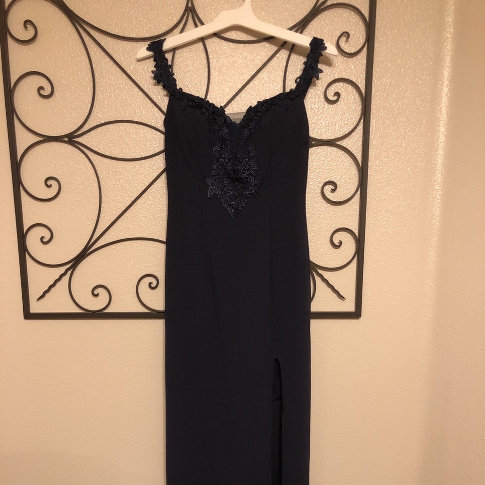 Off the shoulder navy formal with lace detail